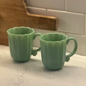 set of two vintage Pioneer Woman jadeite glass mugs scalloped rims mid century